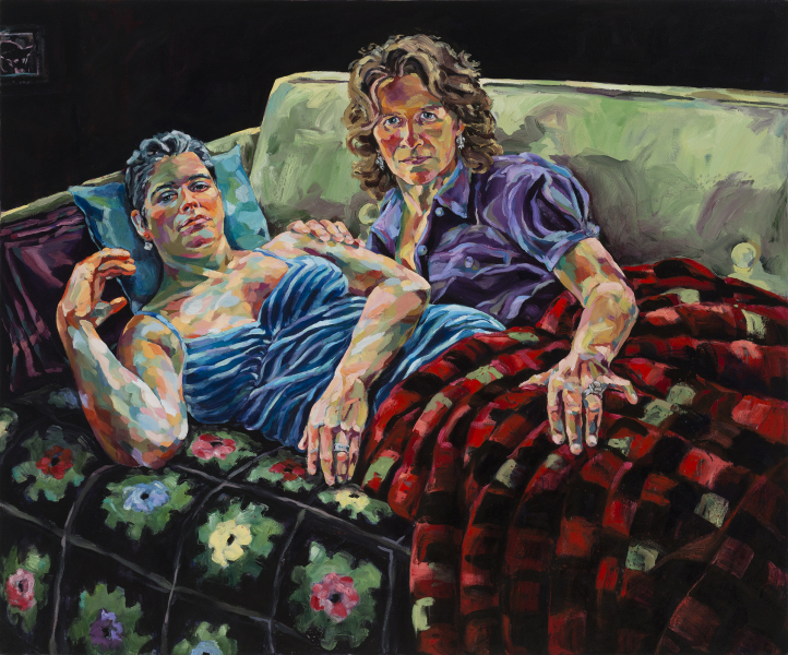 Joan Cox, "Night Hunger (after Hausner)" Description: Double portrait of lesbian couple in domestic setting, normalizing them, after same composition by Xenia Hausner. Dimensions: 40in x 50in. Material: oil on canvas. Price: NFS