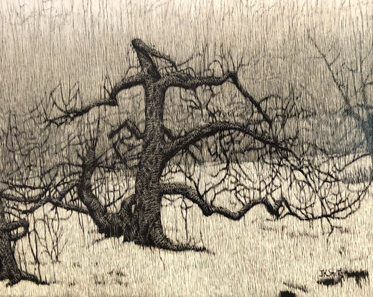 "The Orchard in Winter" by Joe Smith. Dimensions: 8x10 Material: scratchboard Price: 425