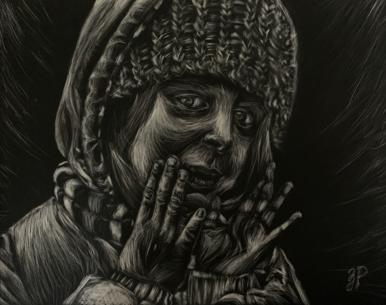 "Self-portrait on a Winter's Day" by Zoe Patten. Dimensions: 17 1/2 in x 14 1/2 in Material: Clay Scratchboard with Black Ink Coating Price: N/A